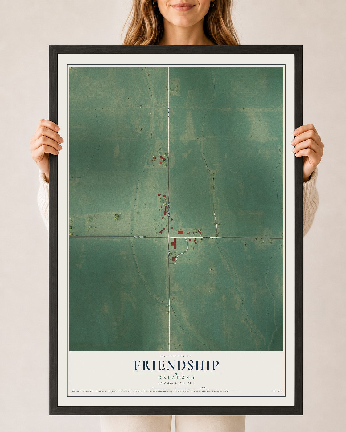 Map of Friendship, Oklahoma, 24 x 36 inch print in a black wood frame