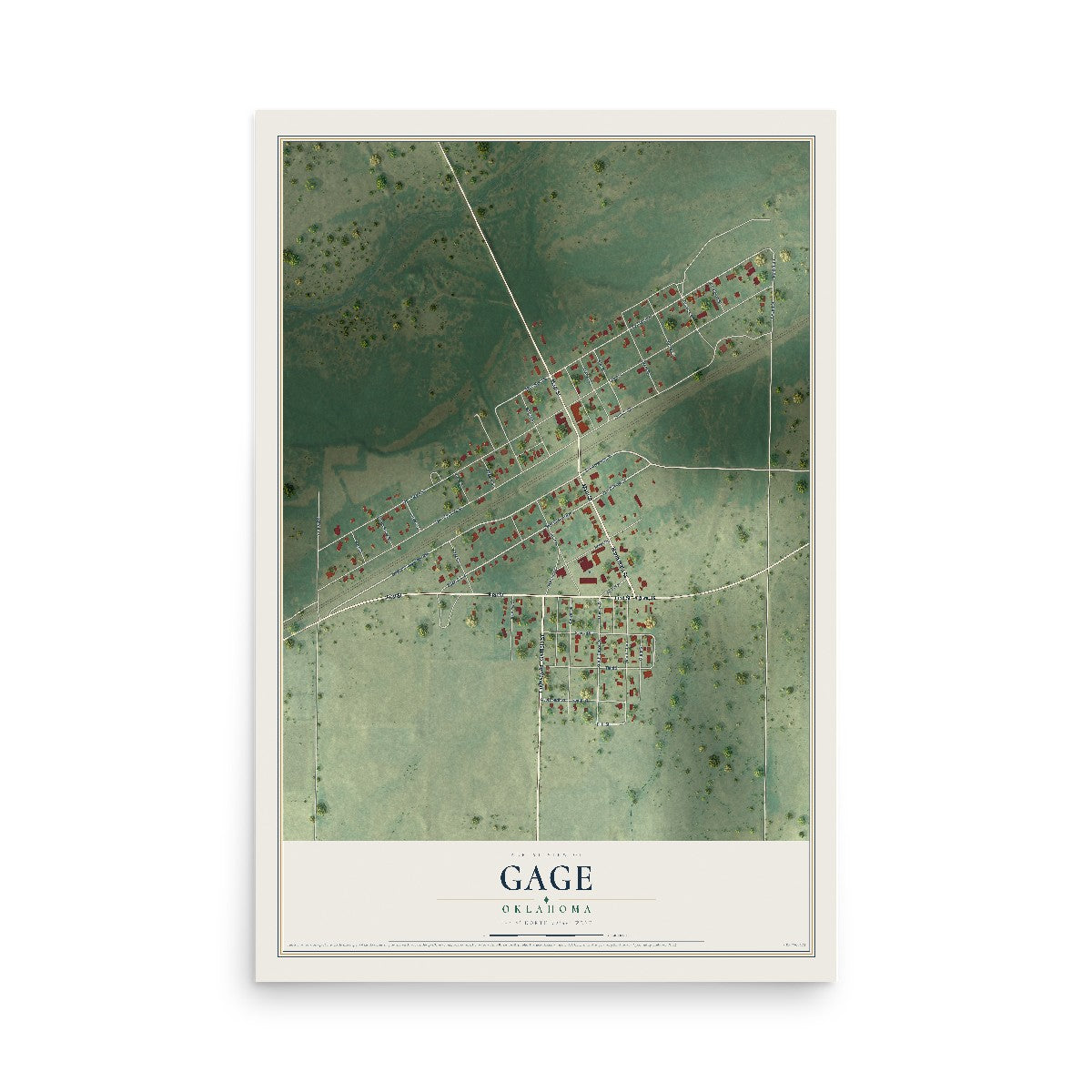 Map of Gage, Oklahoma, 12 x 18 inch unframed archival matte print