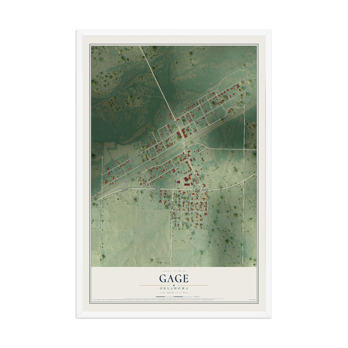 Map of Gage, Oklahoma, 12 x 18 inch print in a white wood frame
