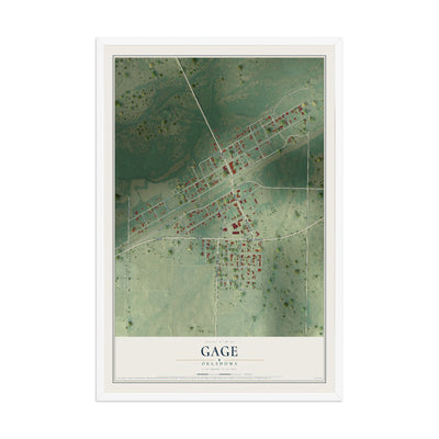 Map of Gage, Oklahoma, 12 x 18 inch print in a white wood frame