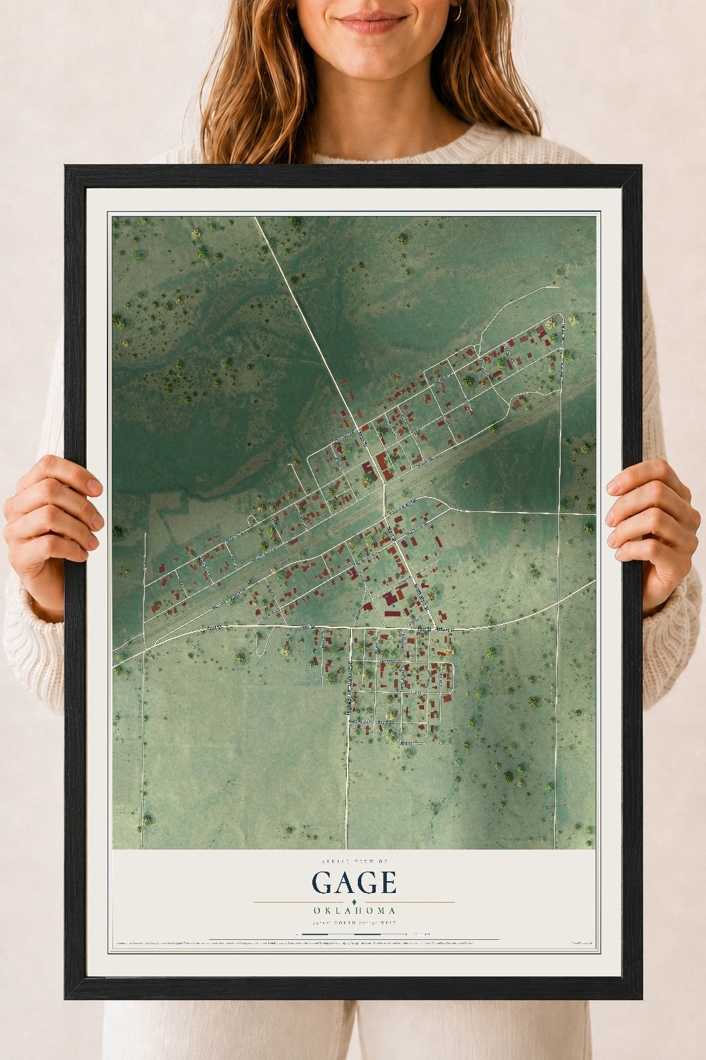 Map of Gage, Oklahoma, 18 x 24 inch print in a black wood frame