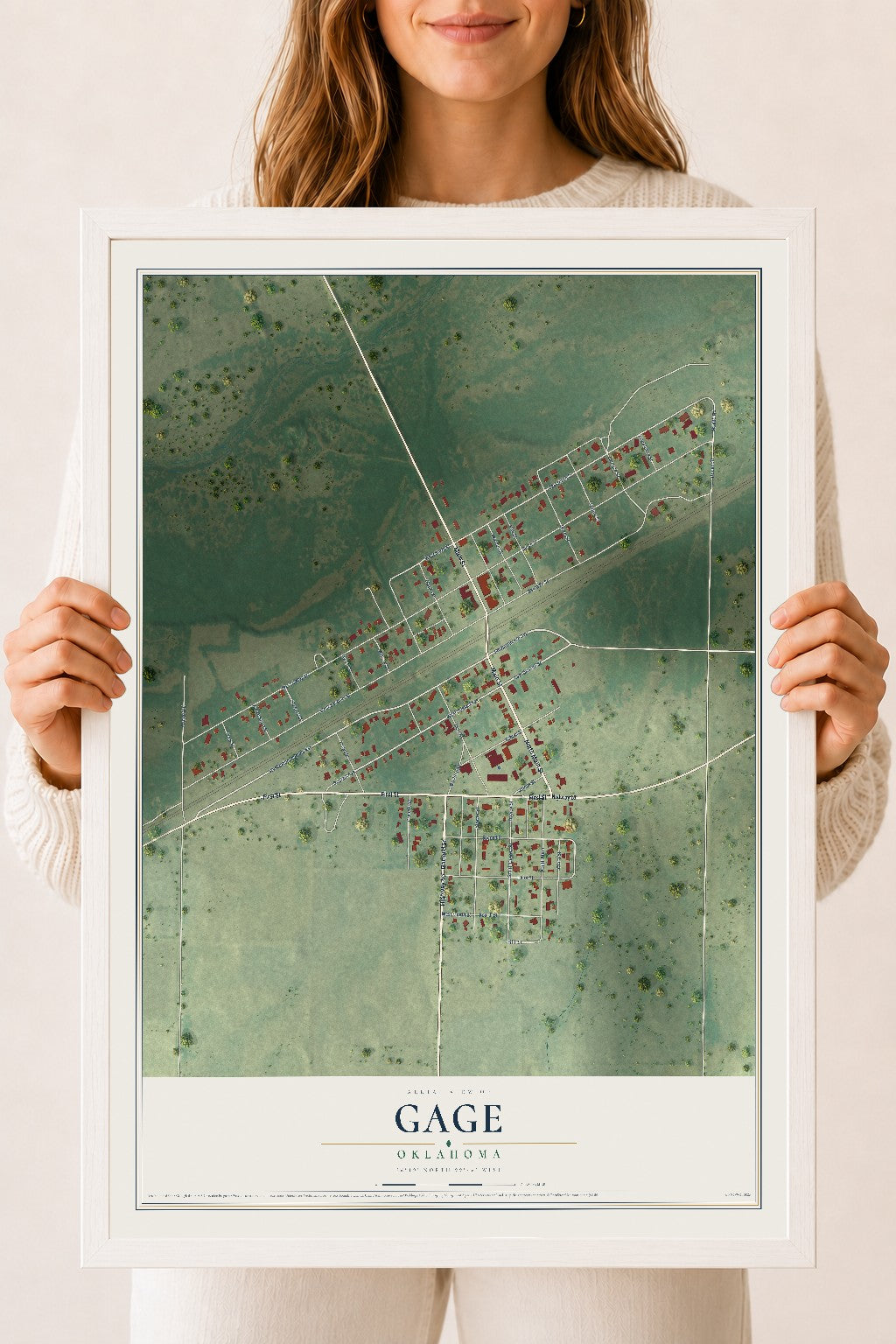 Map of Gage, Oklahoma, 18 x 24 inch print in a white wood frame