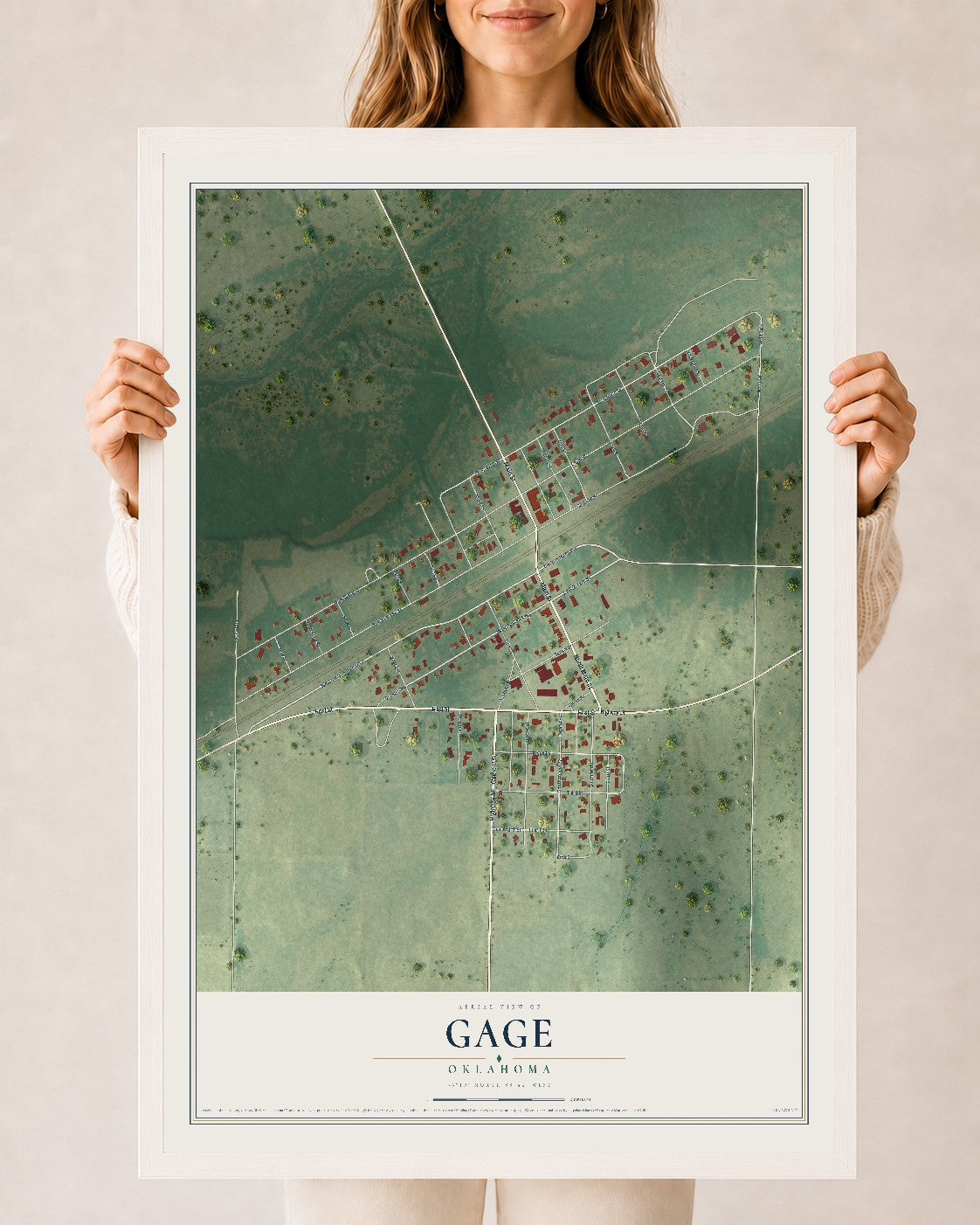 Map of Gage, Oklahoma, 24 x 36 inch print in a white wood frame