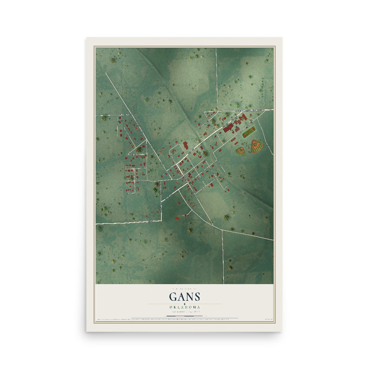 Map of Gans, Oklahoma, 12 x 18 inch unframed archival matte print