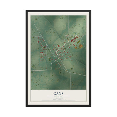 Map of Gans, Oklahoma, 12 x 18 inch print in a black wood frame