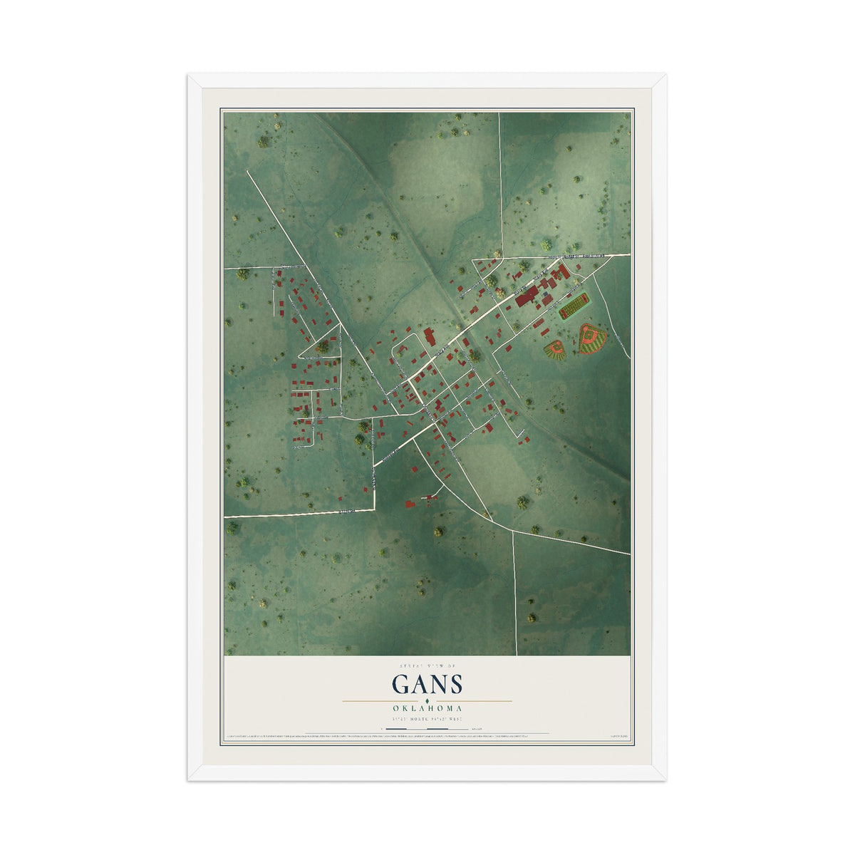 Map of Gans, Oklahoma, 12 x 18 inch print in a white wood frame