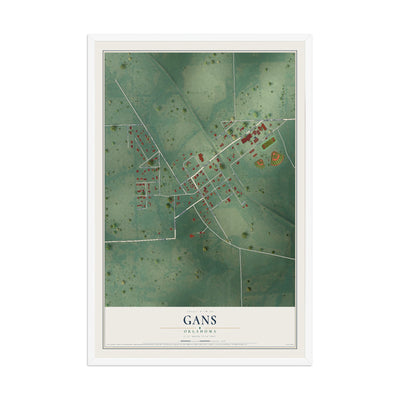 Map of Gans, Oklahoma, 12 x 18 inch print in a white wood frame