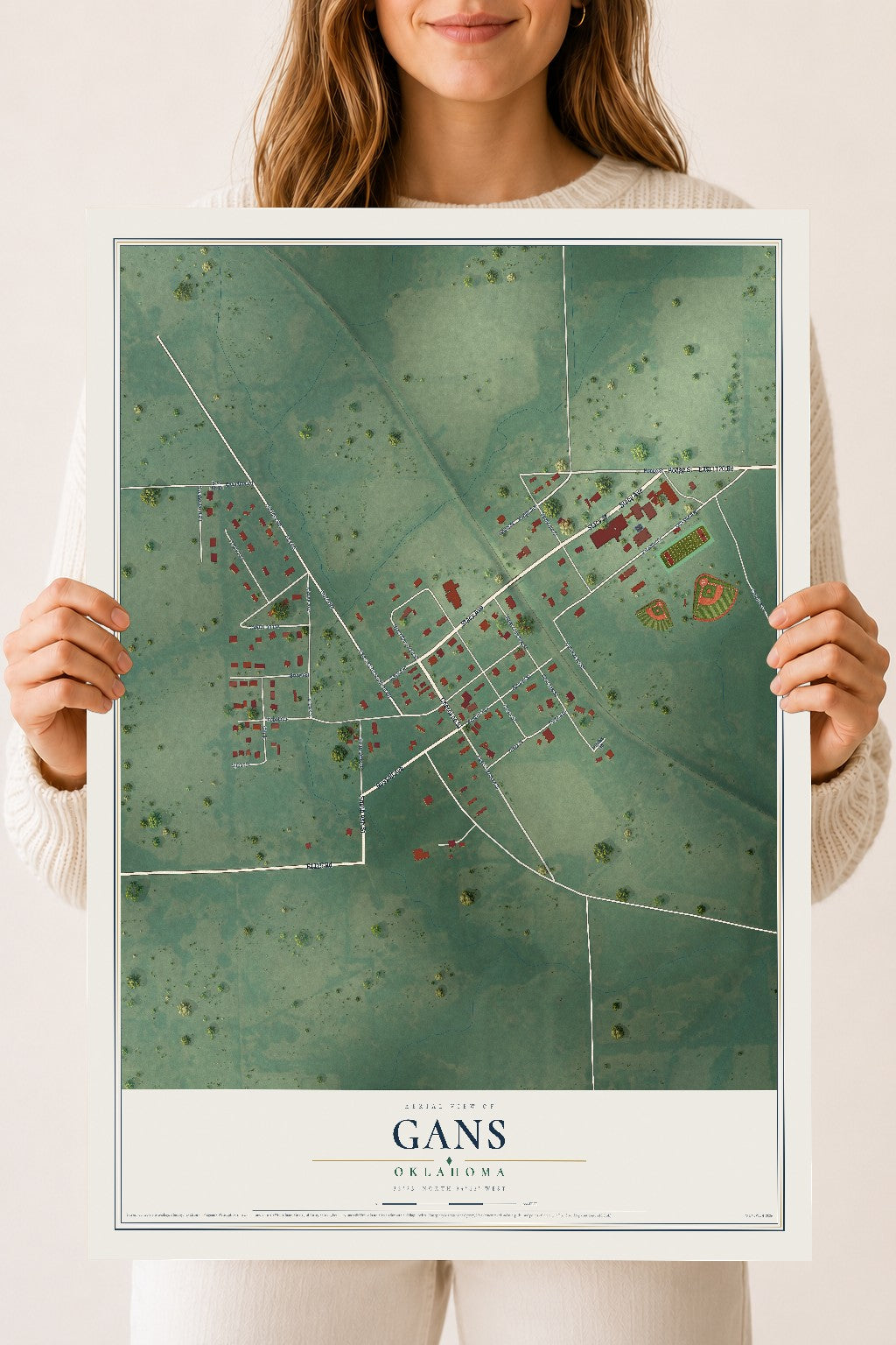 Map of Gans, Oklahoma, 18 x 24 inch unframed archival matte print
