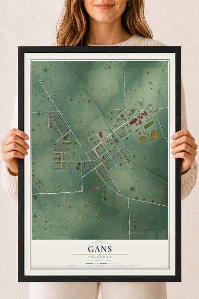 Map of Gans, Oklahoma, 18 x 24 inch print in a black wood frame