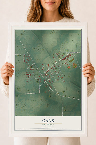 Map of Gans, Oklahoma, 18 x 24 inch print in a white wood frame