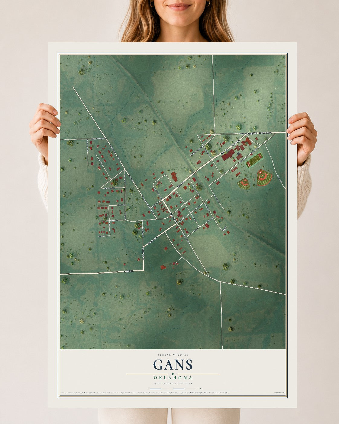 Map of Gans, Oklahoma, 24 x 36 inch unframed archival matte print