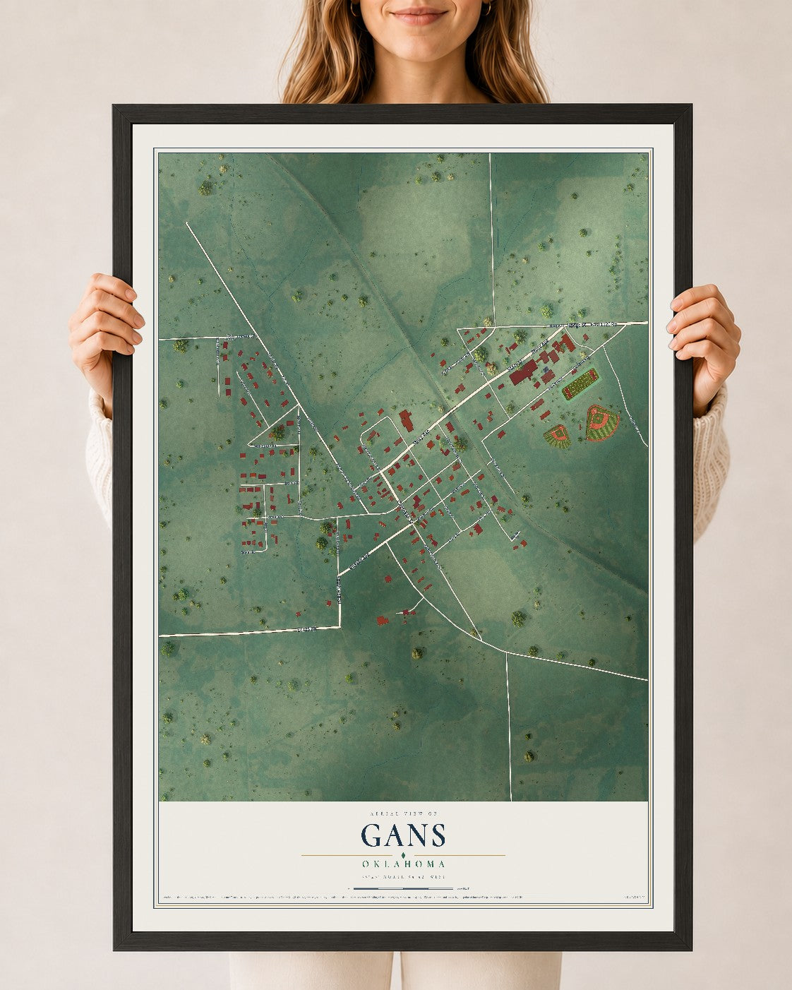 Map of Gans, Oklahoma, 24 x 36 inch print in a black wood frame
