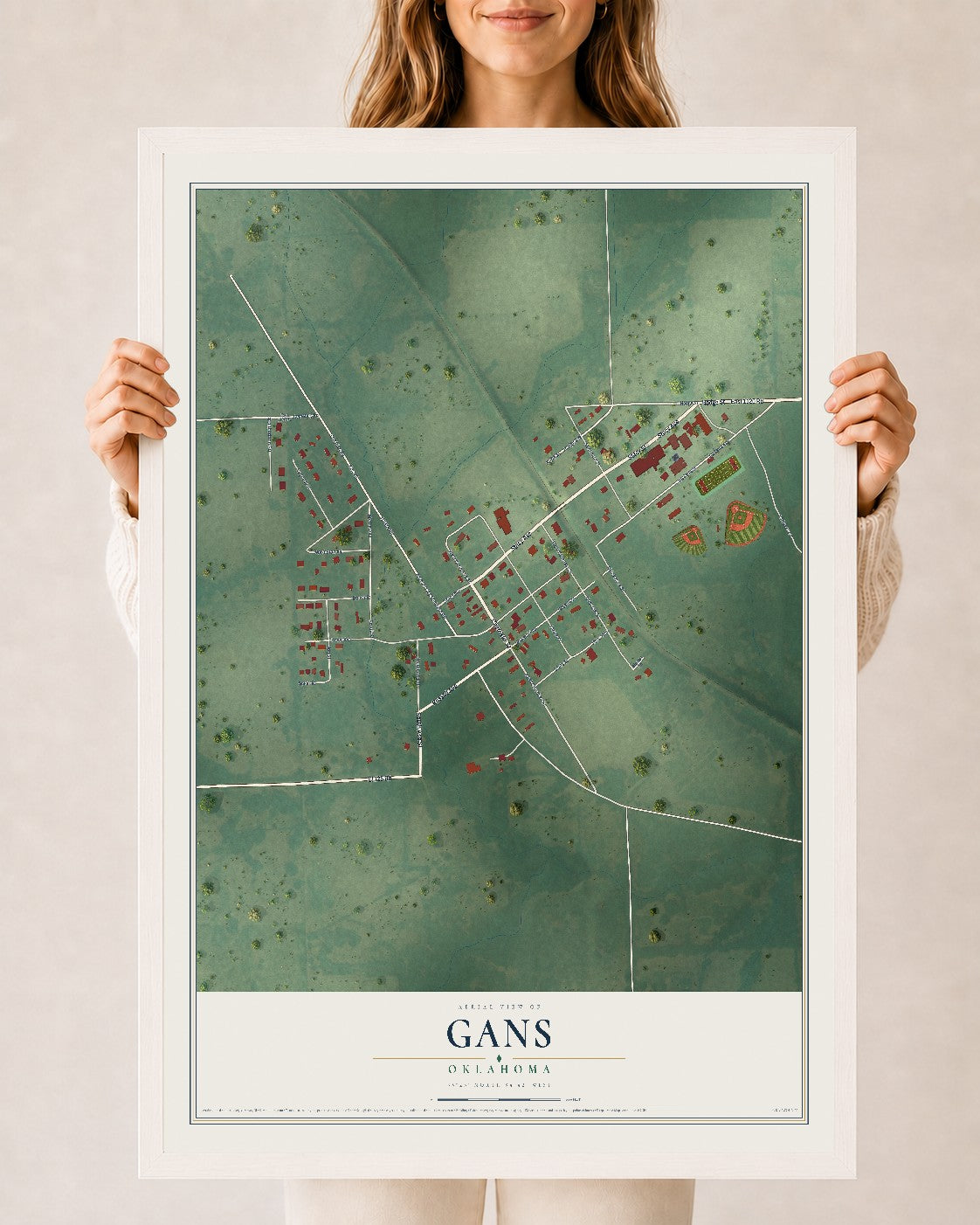 Map of Gans, Oklahoma, 24 x 36 inch print in a white wood frame