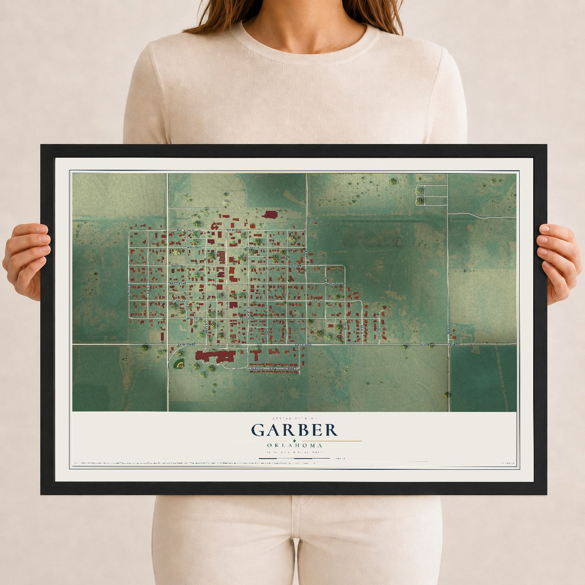 Map of Garber, Oklahoma, 12 x 18 inch print in a black wood frame