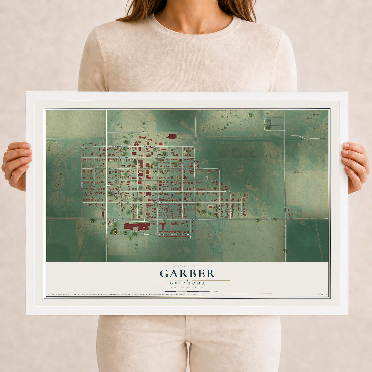 Map of Garber, Oklahoma, 12 x 18 inch print in a white wood frame