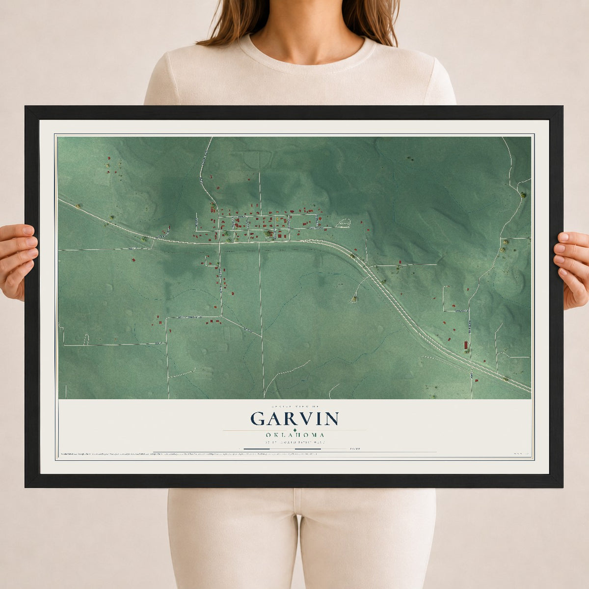 Map of Garvin, Oklahoma, 18 x 24 inch print in a black wood frame