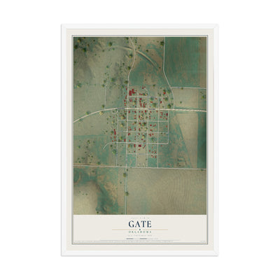Map of Gate, Oklahoma, 12 x 18 inch print in a white wood frame