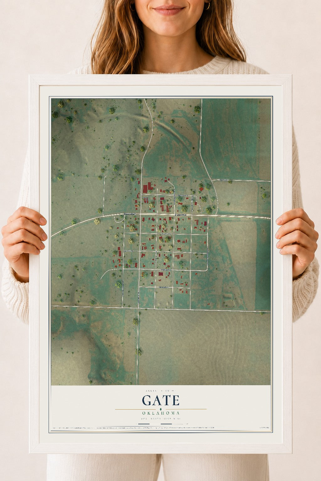 Map of Gate, Oklahoma, 18 x 24 inch print in a white wood frame