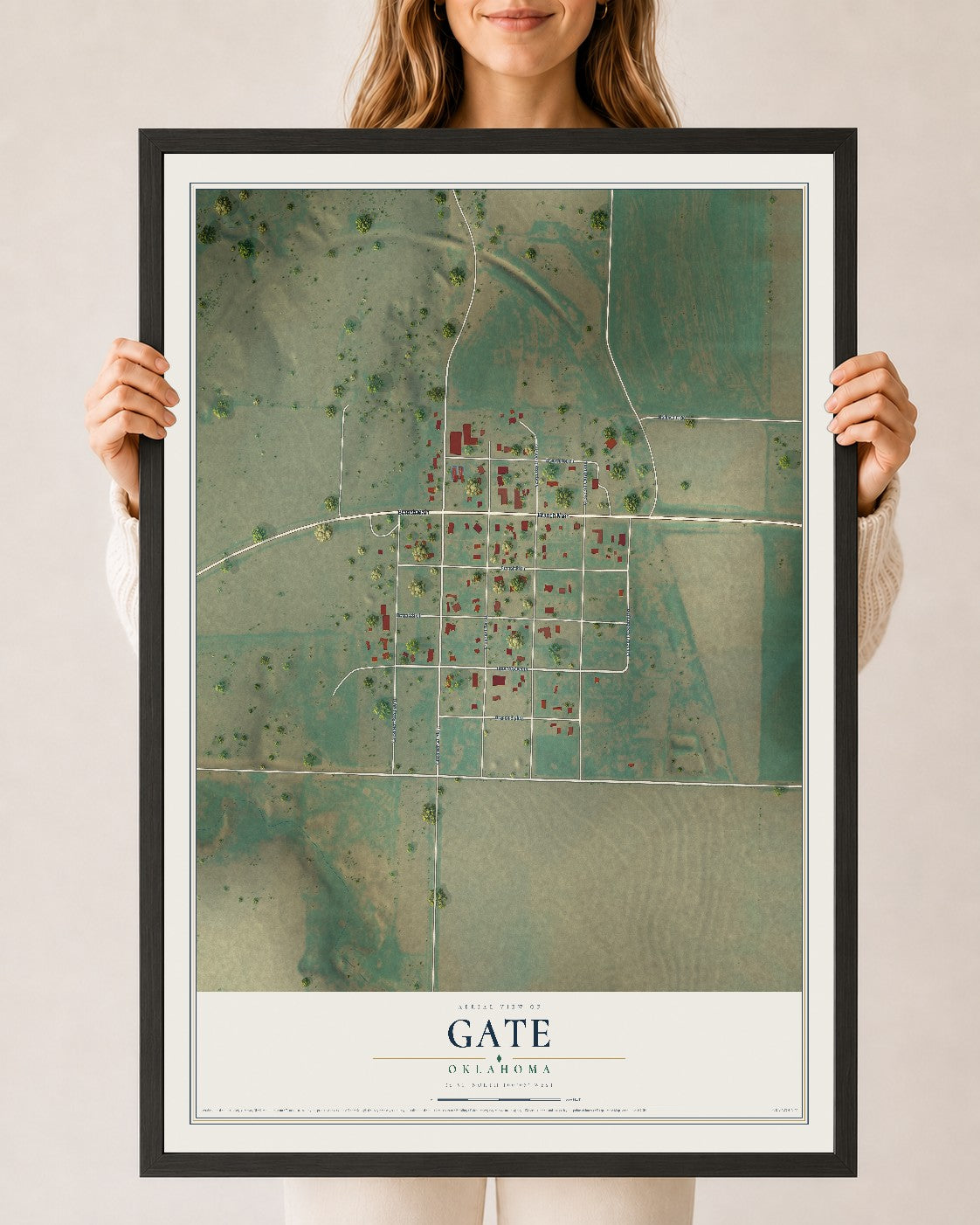 Map of Gate, Oklahoma, 24 x 36 inch print in a black wood frame
