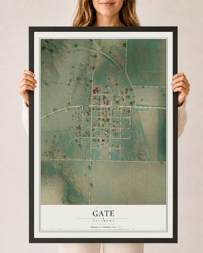 Map of Gate, Oklahoma, 24 x 36 inch print in a black wood frame