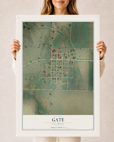 Map of Gate, Oklahoma, 24 x 36 inch print in a white wood frame