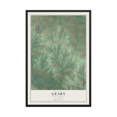 Map of Geary, Oklahoma, 12 x 18 inch print in a black wood frame