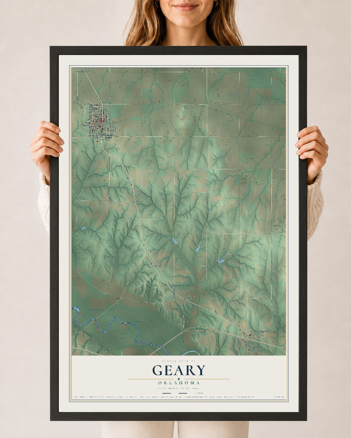 Map of Geary, Oklahoma, 24 x 36 inch print in a black wood frame