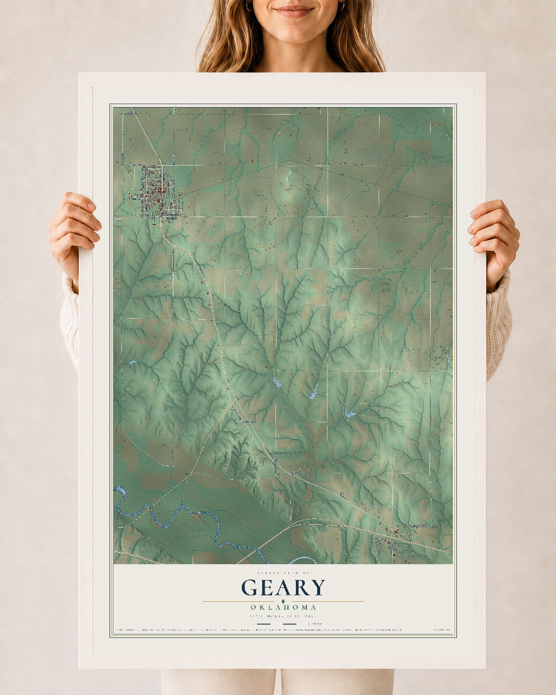 Map of Geary, Oklahoma, 24 x 36 inch print in a white wood frame
