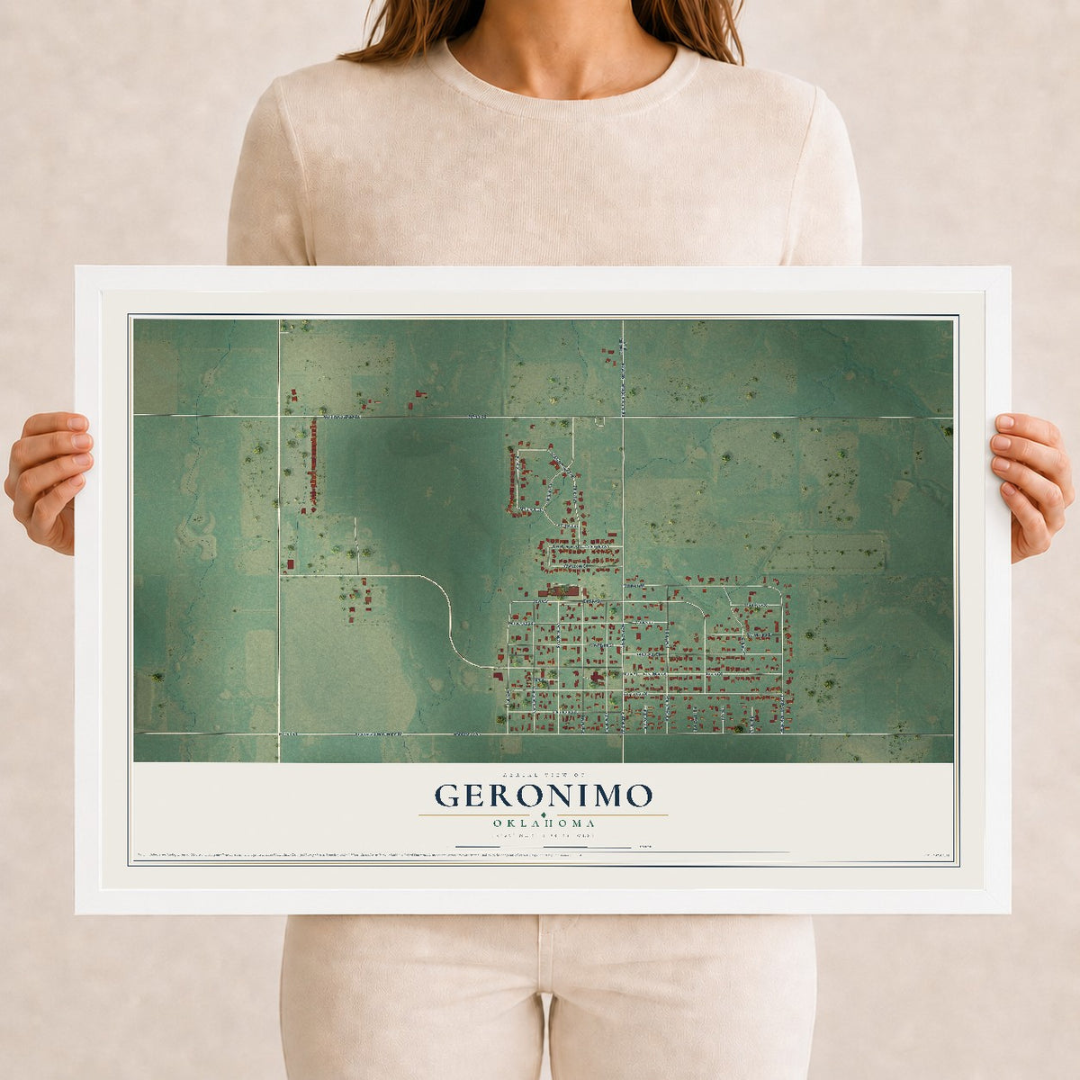 Map of Geronimo, Oklahoma, 12 x 18 inch print in a white wood frame