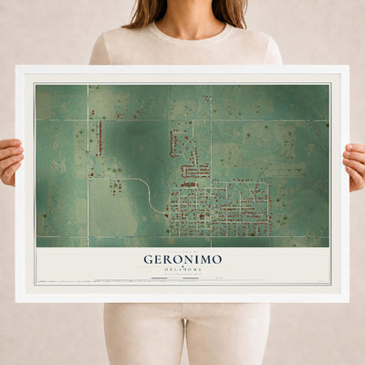Map of Geronimo, Oklahoma, 18 x 24 inch print in a white wood frame