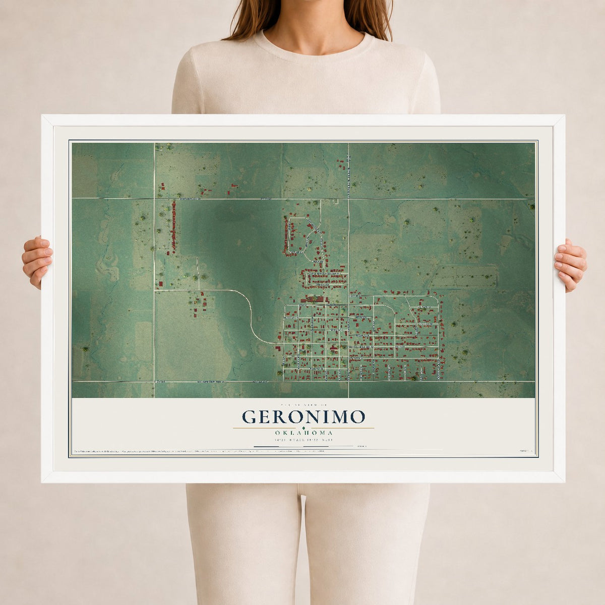 Map of Geronimo, Oklahoma, 24 x 36 inch print in a white wood frame