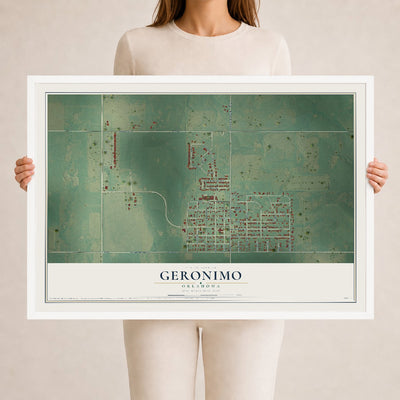 Map of Geronimo, Oklahoma, 24 x 36 inch print in a white wood frame