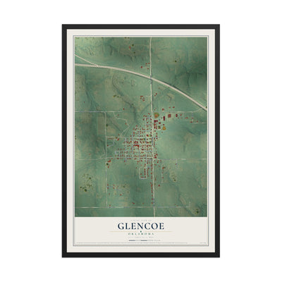 Map of Glencoe, Oklahoma, 12 x 18 inch print in a black wood frame