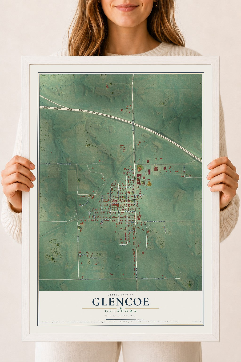 Map of Glencoe, Oklahoma, 18 x 24 inch print in a white wood frame