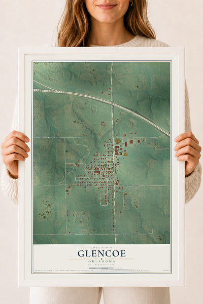 Map of Glencoe, Oklahoma, 18 x 24 inch print in a white wood frame