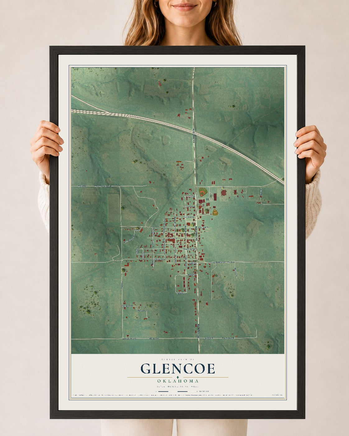 Map of Glencoe, Oklahoma, 24 x 36 inch print in a black wood frame