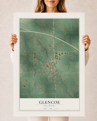 Map of Glencoe, Oklahoma, 24 x 36 inch print in a white wood frame