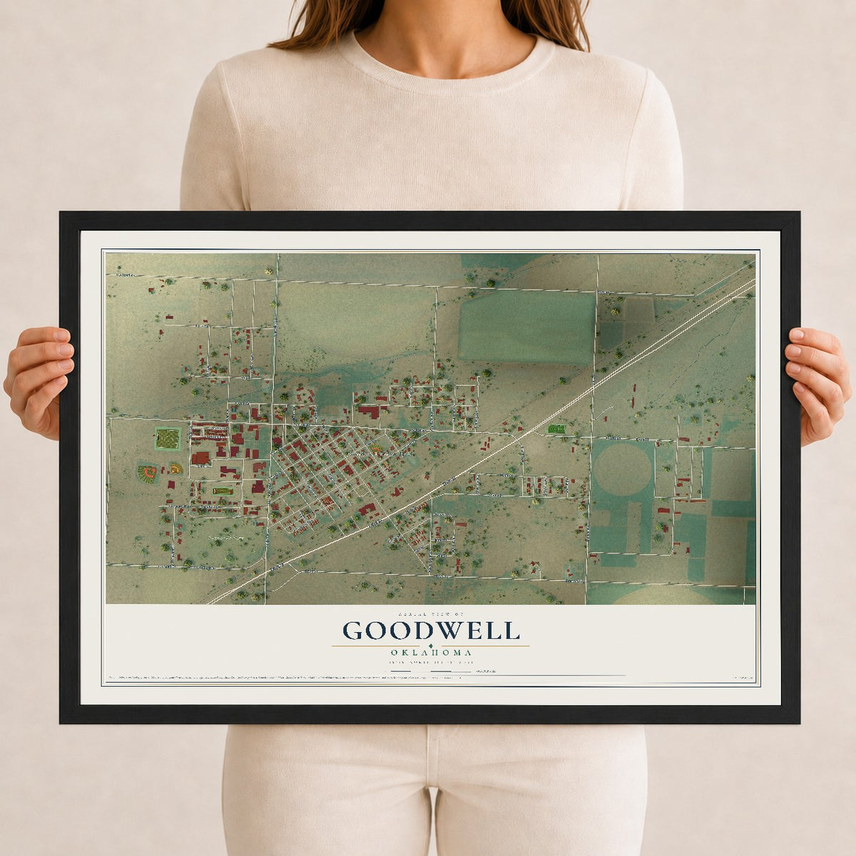 Map of Goodwell, Oklahoma, 12 x 18 inch print in a black wood frame