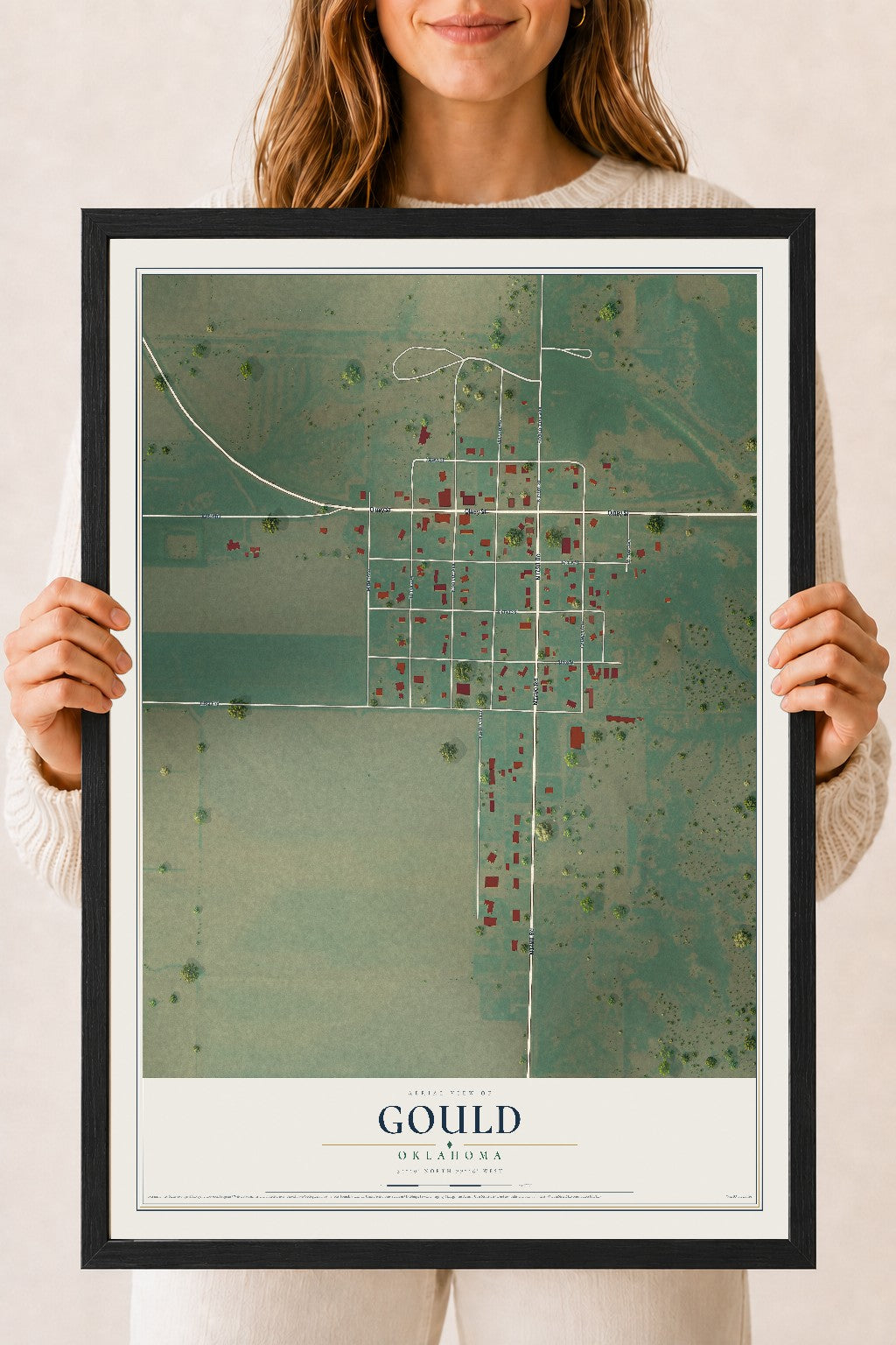 Map of Gould, Oklahoma, 18 x 24 inch print in a black wood frame