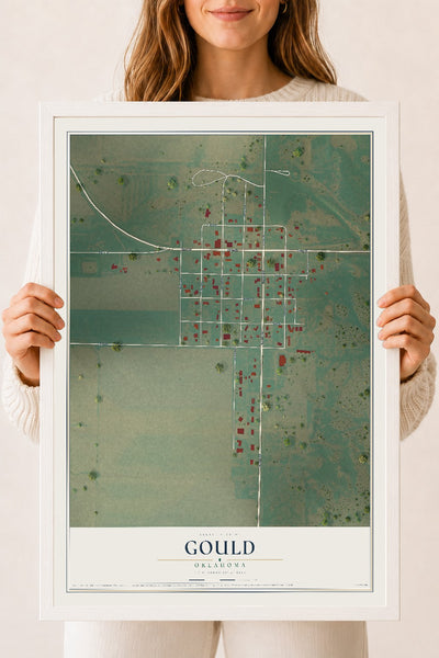 Map of Gould, Oklahoma, 18 x 24 inch print in a white wood frame