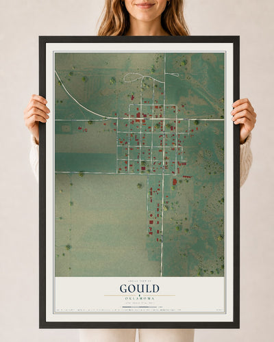 Map of Gould, Oklahoma, 24 x 36 inch print in a black wood frame
