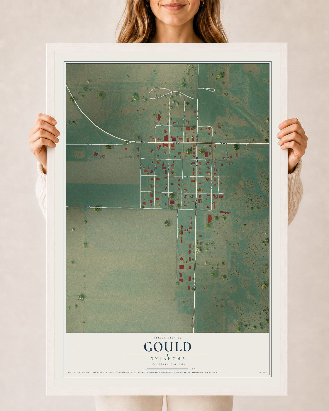 Map of Gould, Oklahoma, 24 x 36 inch print in a white wood frame