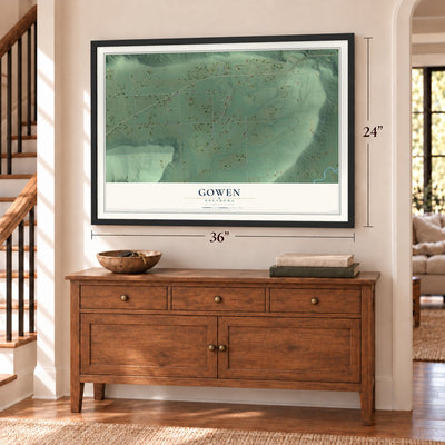 Gowen, Oklahoma map, 24 x 36 inch print in a black frame above a dresser by a staircase