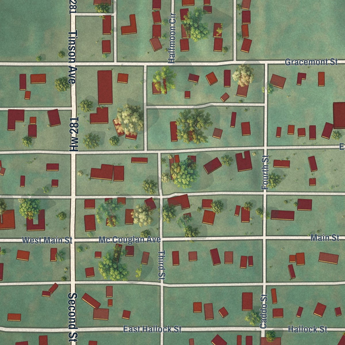 Close-up of the map of Gracemont, Oklahoma print showing street and building detail
