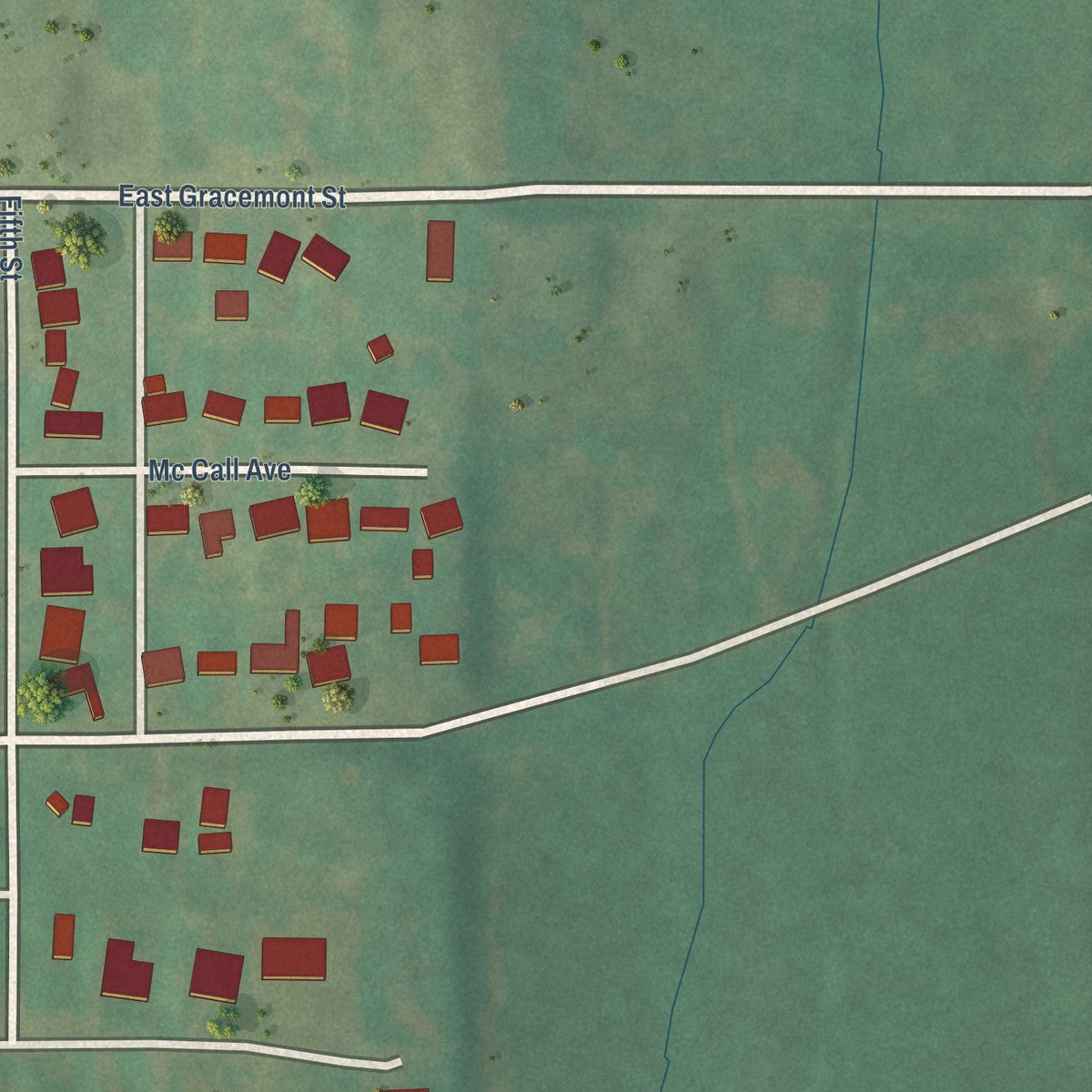 Second close-up of the map of Gracemont, Oklahoma print showing more streets and buildings