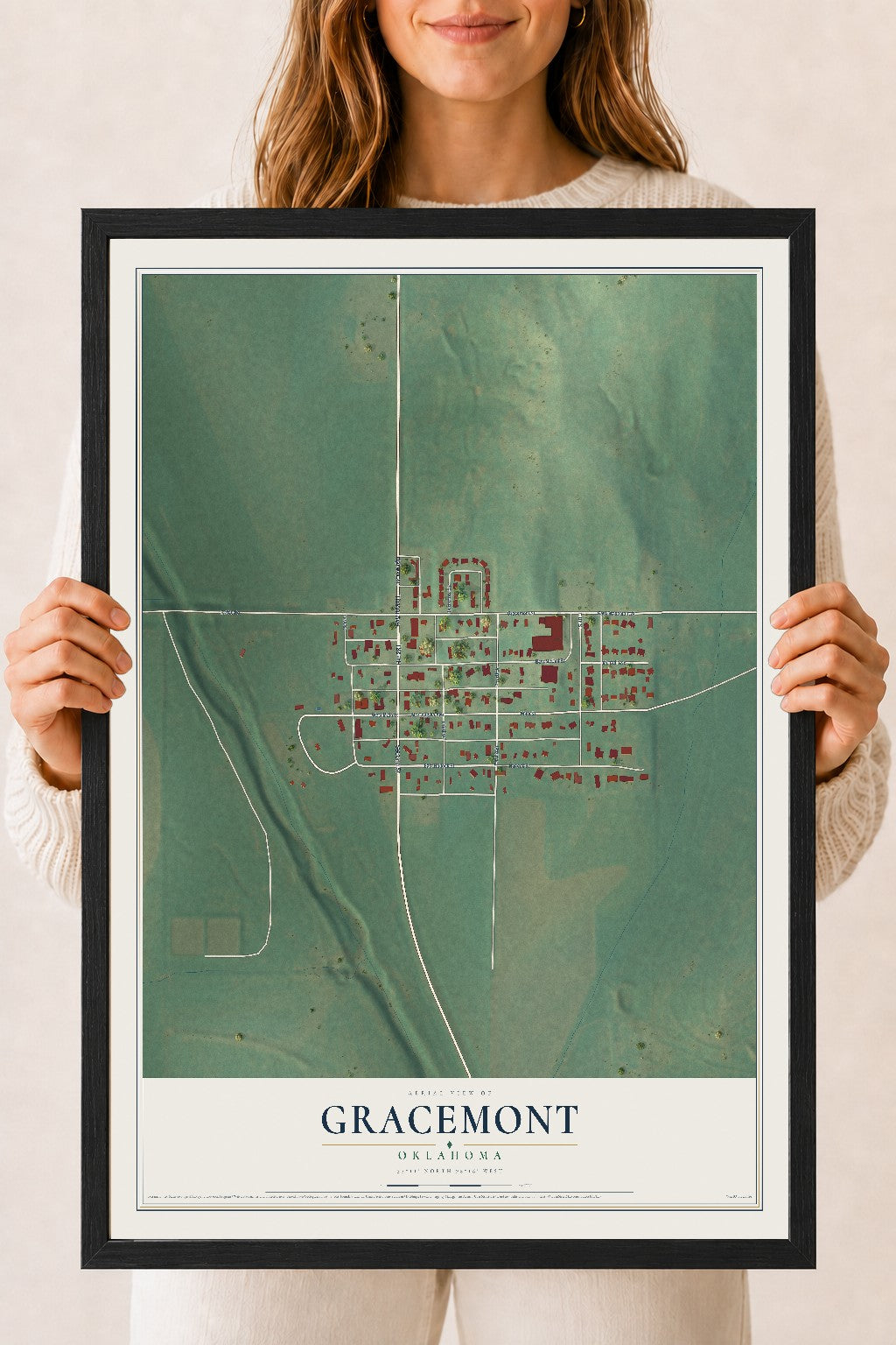Map of Gracemont, Oklahoma, 18 x 24 inch print in a black wood frame