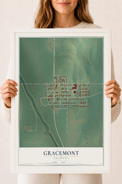 Map of Gracemont, Oklahoma, 18 x 24 inch print in a white wood frame