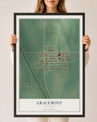 Map of Gracemont, Oklahoma, 24 x 36 inch print in a black wood frame