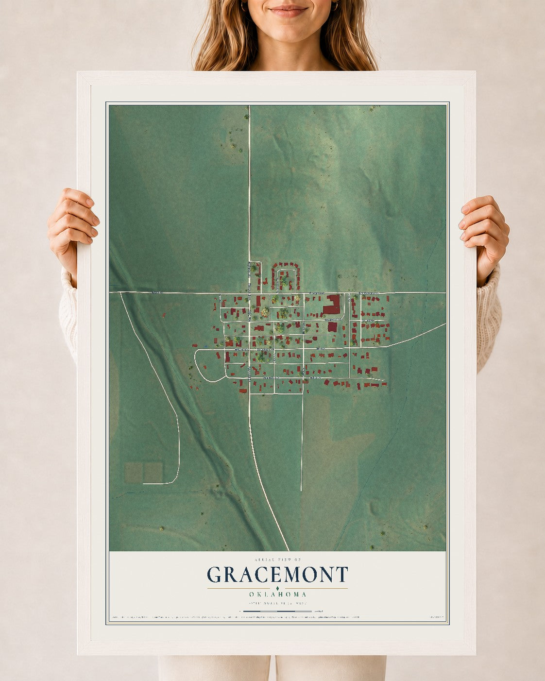 Map of Gracemont, Oklahoma, 24 x 36 inch print in a white wood frame