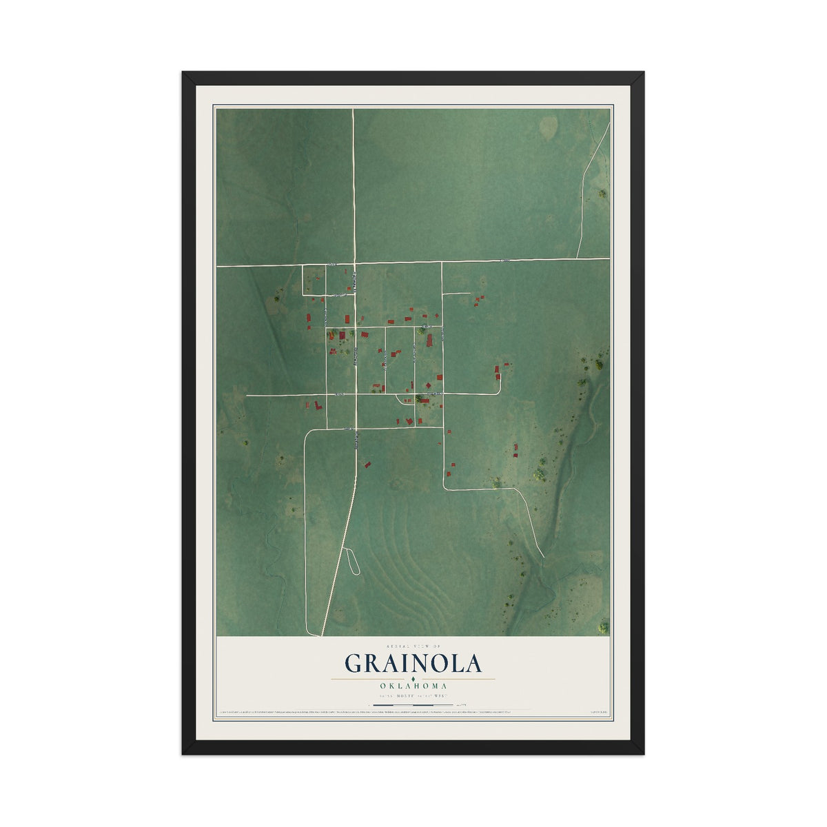 Map of Grainola, Oklahoma, 12 x 18 inch print in a black wood frame